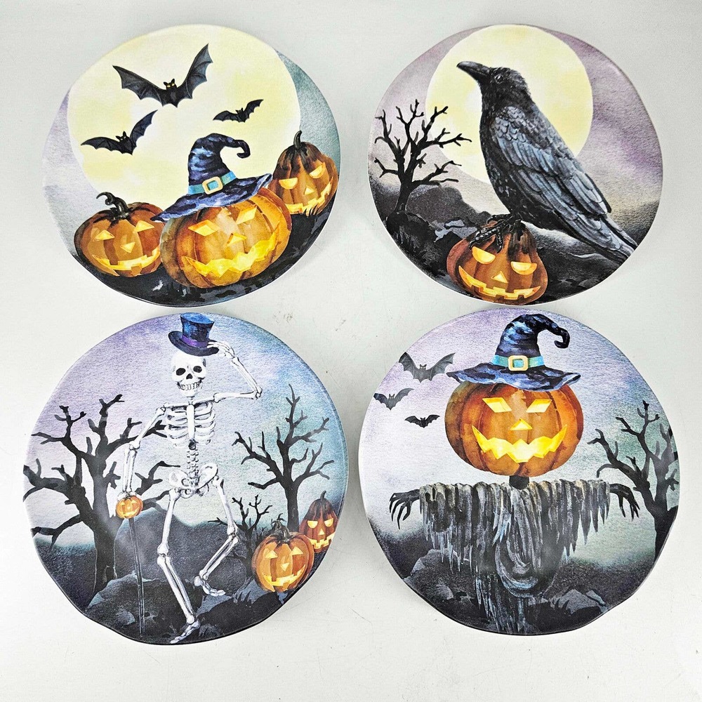 4 Halloween melamine crow jack o' lantern bat skeleton dessert bread plates